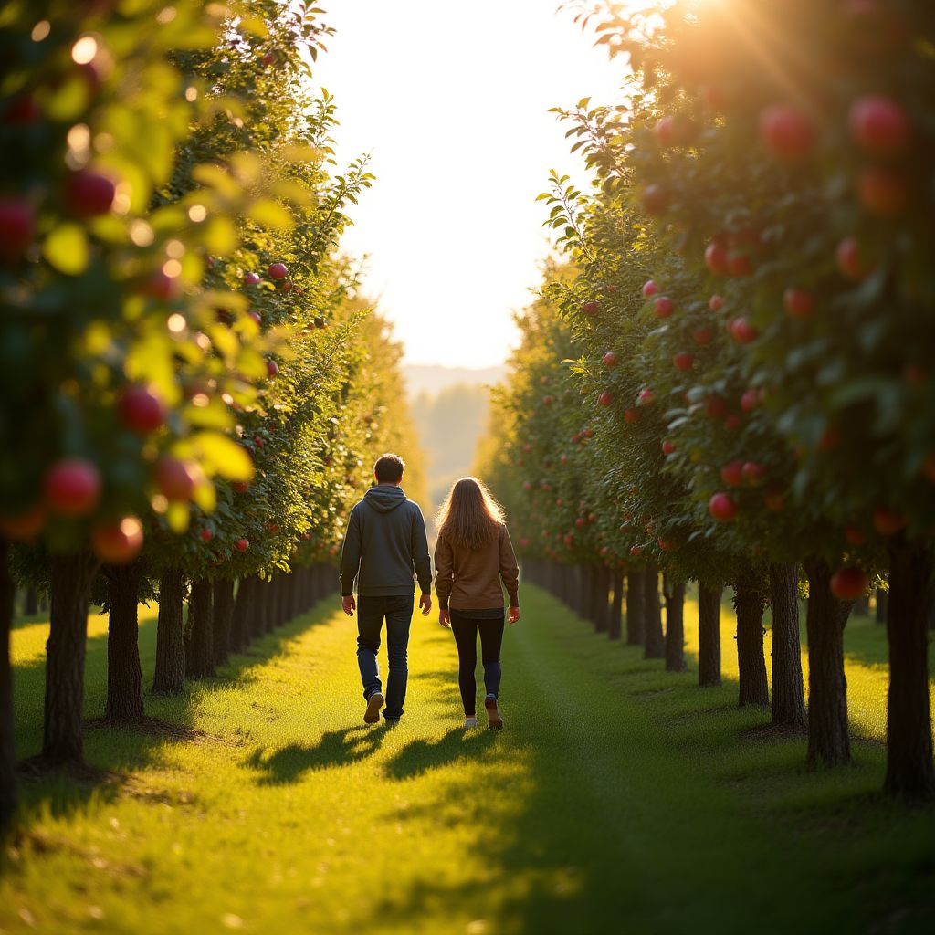 Tourists exploring an apple orchard
