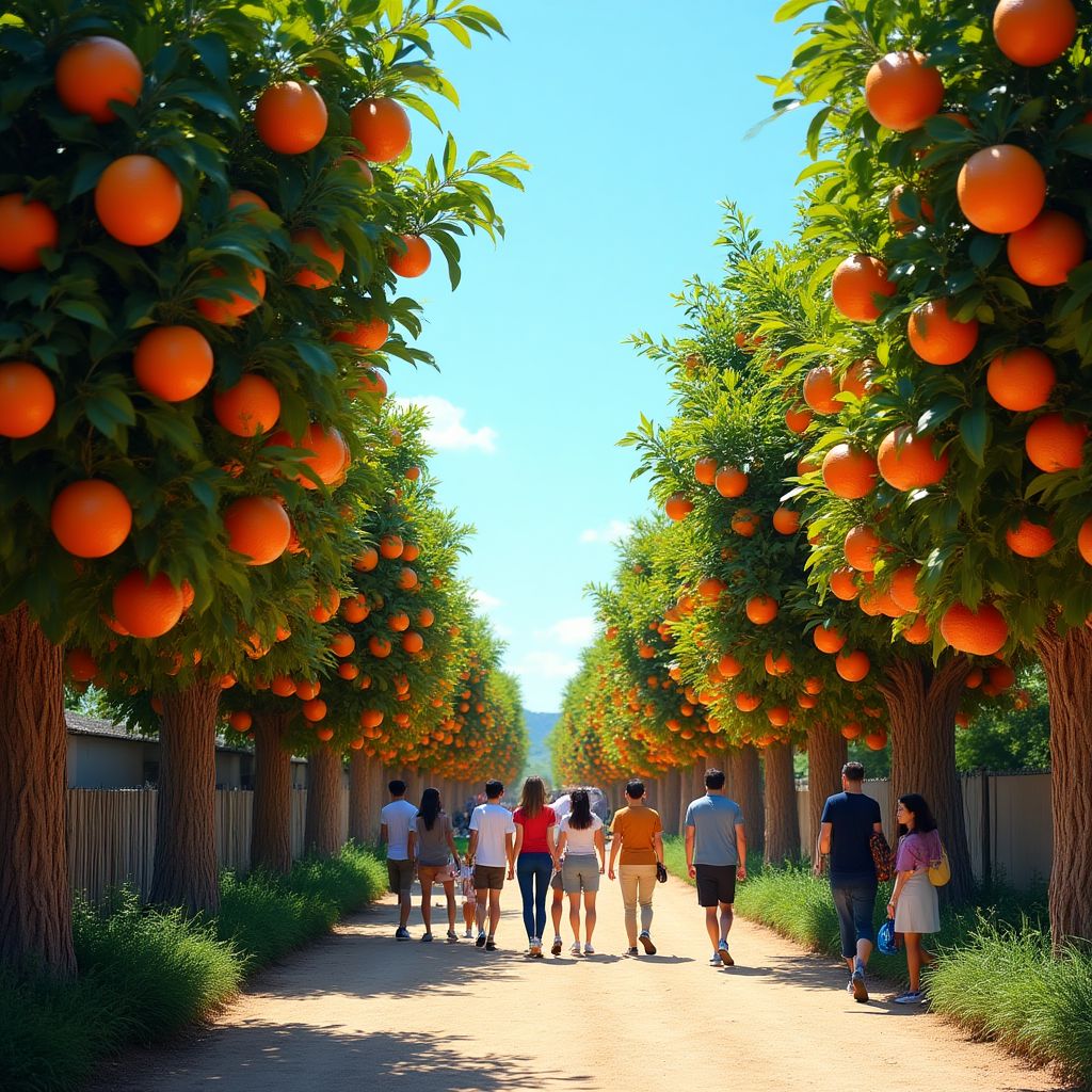 Tourists in a citrus grove with oranges and lemons