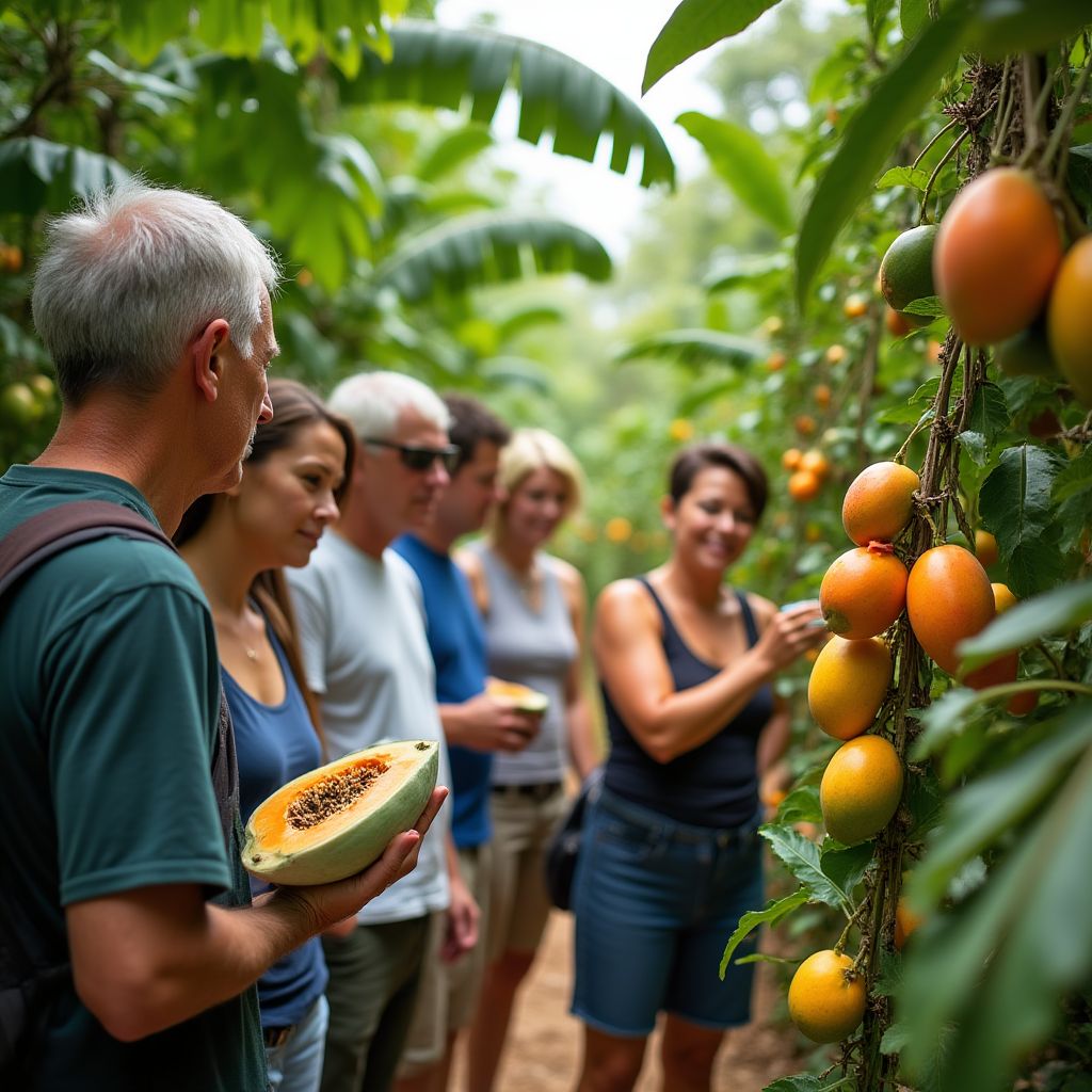Tourists exploring a tropical fruit farm in Queensland
